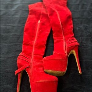 Red Suede Knee-High Platform Boots